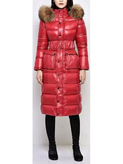 Paneled Puffer Coat with Removable Fur, Red - Branna Couture