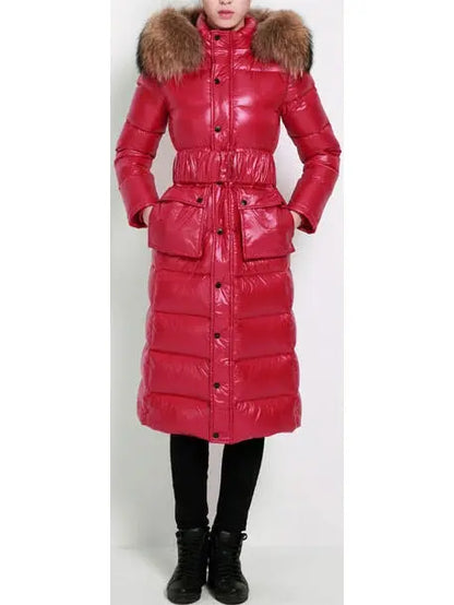 Paneled Puffer Coat with Removable Fur, Red - Branna Couture