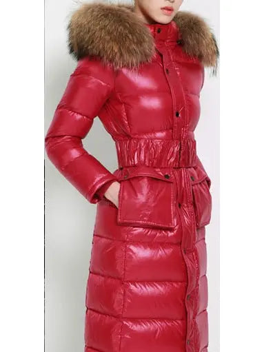 Paneled Puffer Coat with Removable Fur, Red - Branna Couture