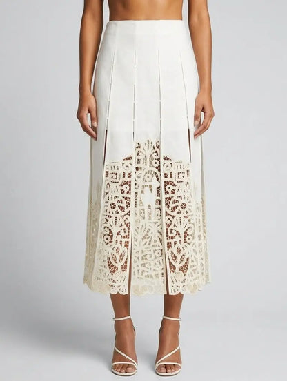 Paneled Cutwork Embroidered Linen Blend Midi Skirt - Small - Skirts