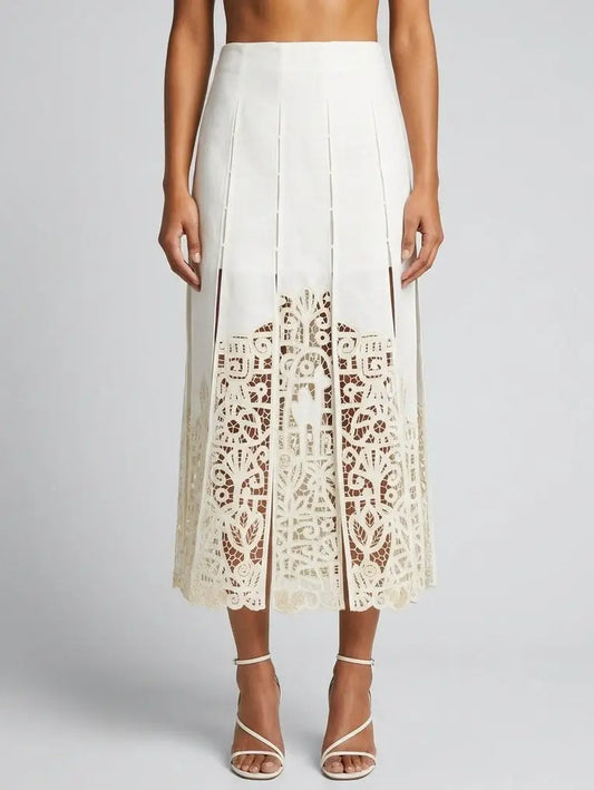 Paneled Cutwork Embroidered Linen Blend Midi Skirt - Small - Skirts