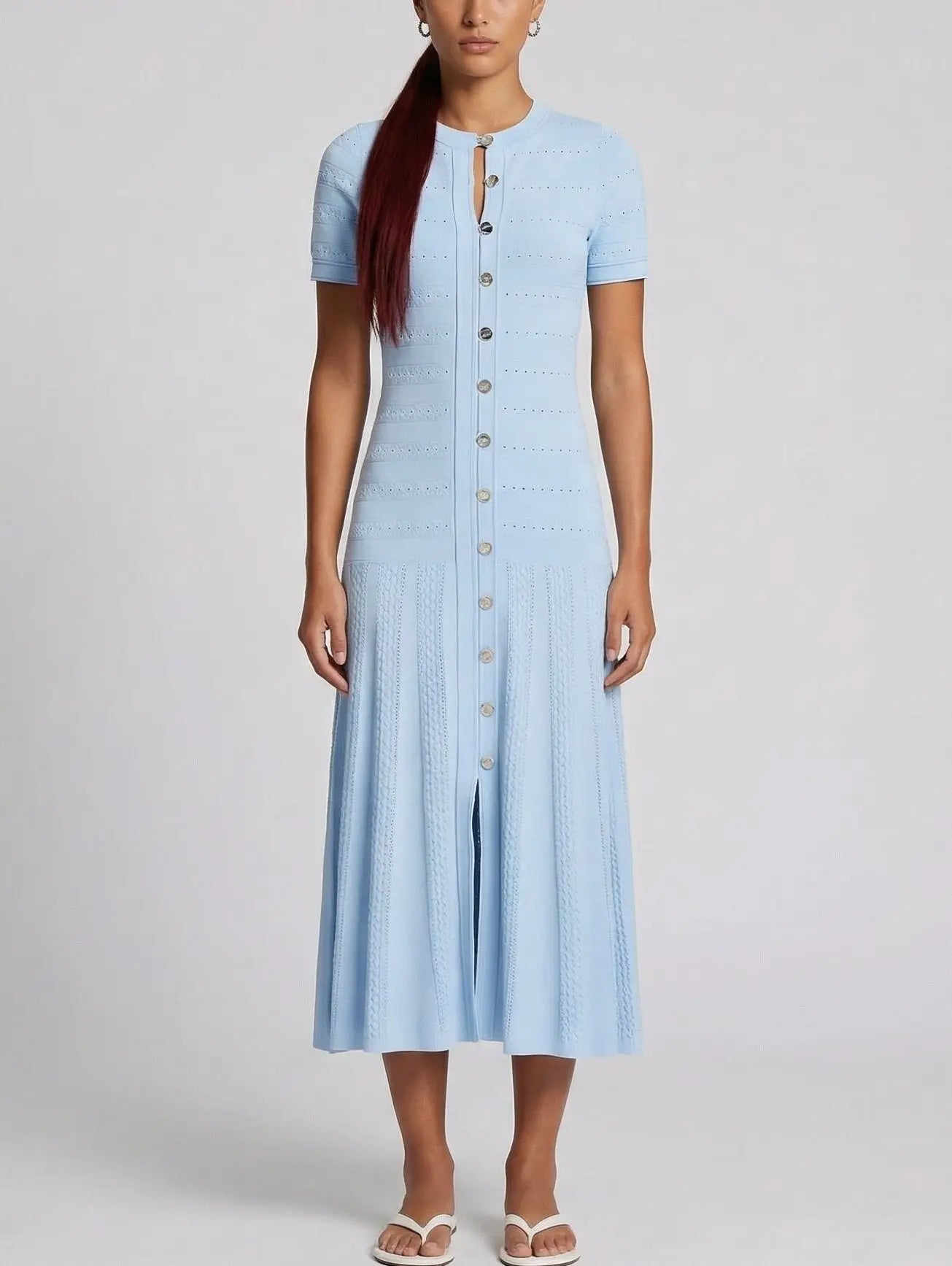 Paneled Jacquard Knit Fit-and-Flare Midi Dress - Small / Pale Blue - Dresses