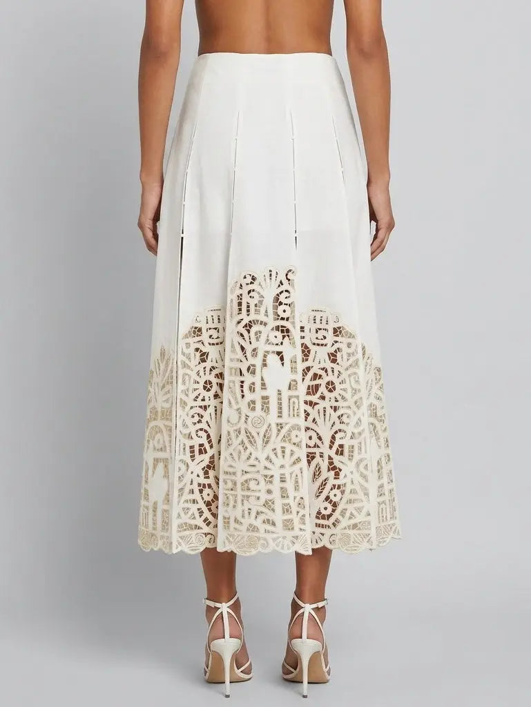 Paneled Cutwork Embroidered Linen Blend Midi Skirt - Skirts
