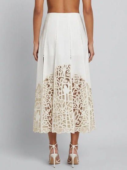 Paneled Cutwork Embroidered Linen Blend Midi Skirt - Skirts