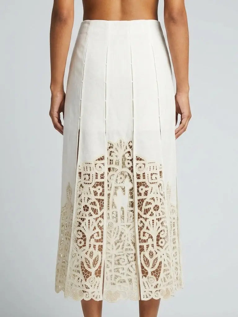 Paneled Cutwork Embroidered Linen Blend Midi Skirt - Skirts