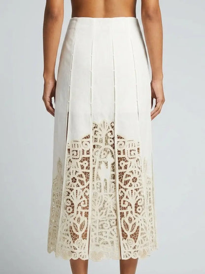 Paneled Cutwork Embroidered Linen Blend Midi Skirt - Skirts