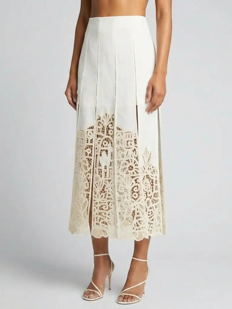 Paneled Cutwork Embroidered Linen Blend Midi Skirt - Skirts