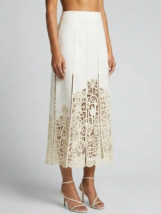 Paneled Cutwork Embroidered Linen Blend Midi Skirt - Skirts