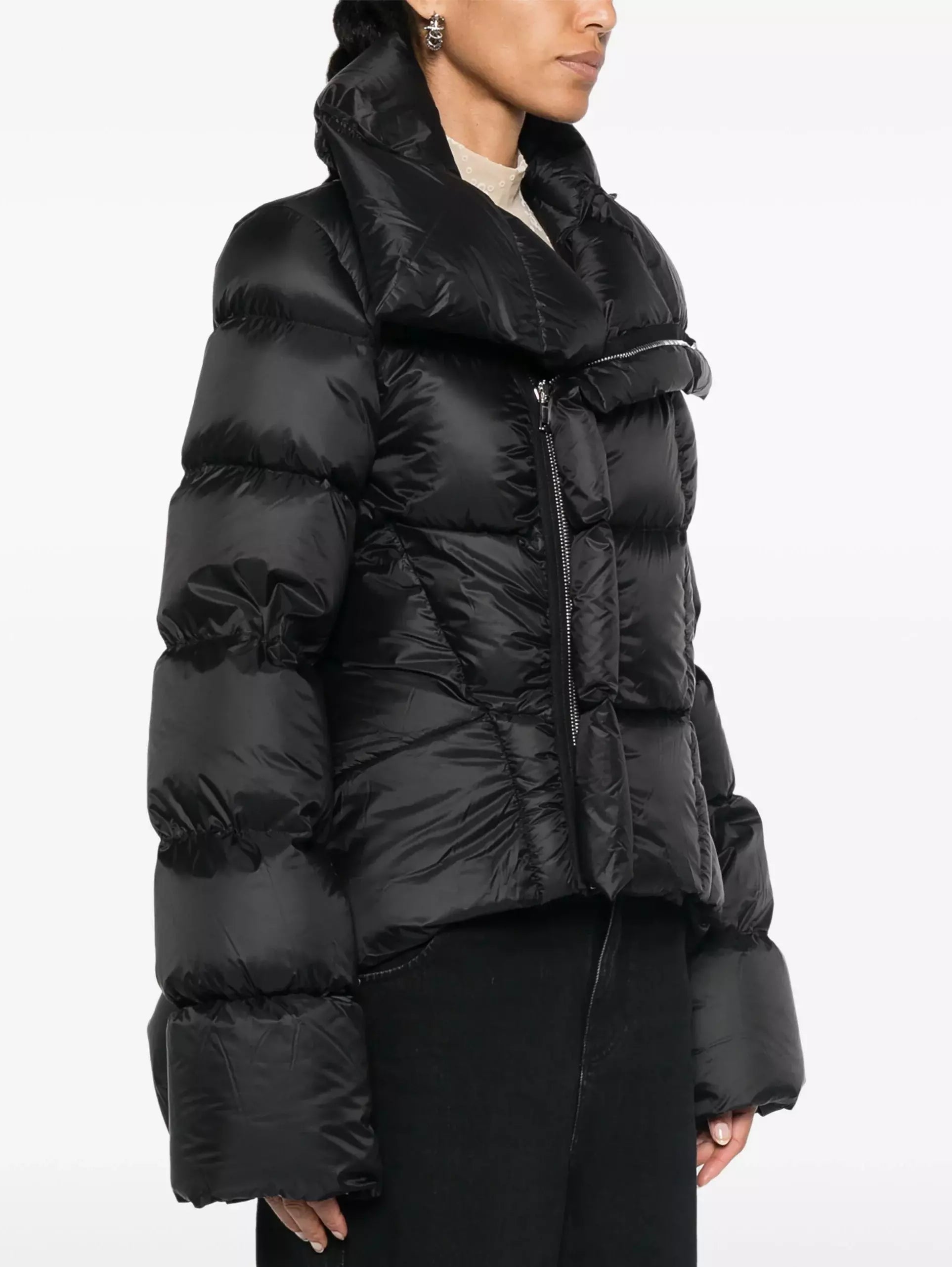 Paneled Funnel-Neck Puffer Jacket with Back Flap Branna Couture