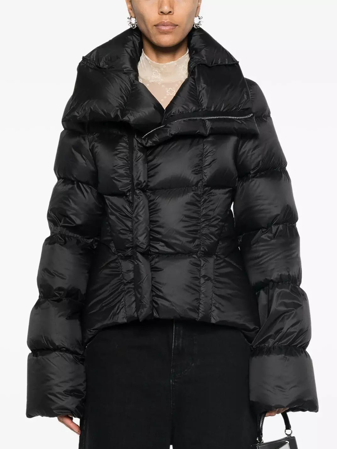 Paneled Funnel-Neck Puffer Jacket with Back Flap Branna Couture