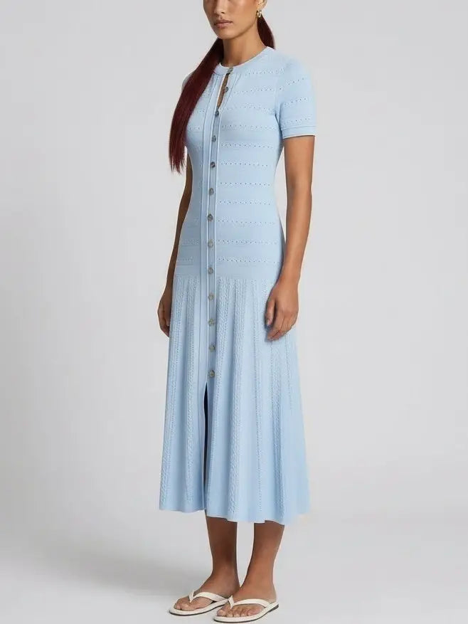 Paneled Jacquard Knit Fit-and-Flare Midi Dress - Dresses