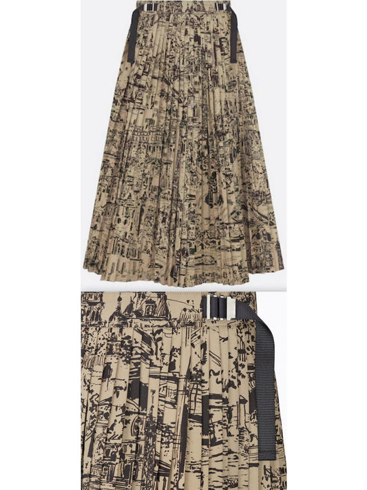 Paris Allover Printed Pleated Beige and Black Cotton Gabardine Mid-Length Skirt - Branna Couture