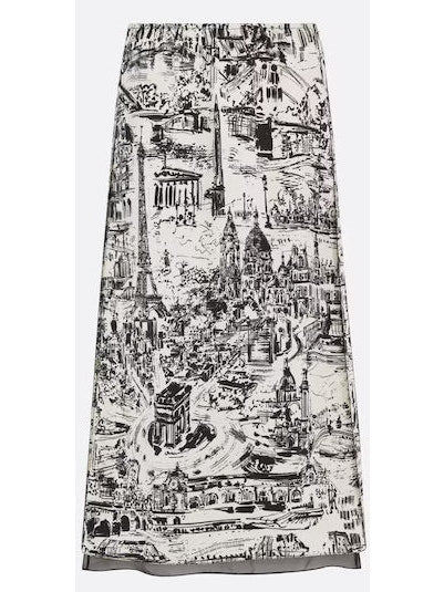 Paris Allover Printed White and Black Flared Mid-Length Skirt - Branna Couture