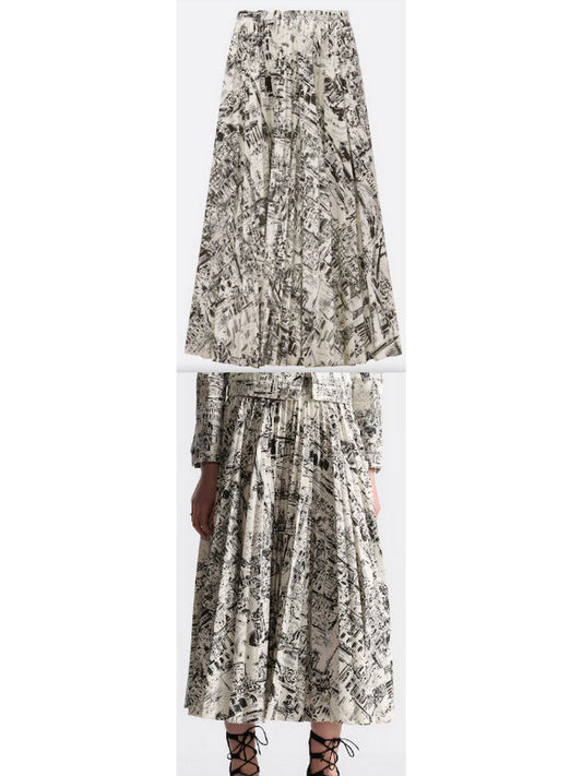 Paris Printed White and Black Cotton Pleated Mid-Length Skirt&nbsp; - Branna Couture