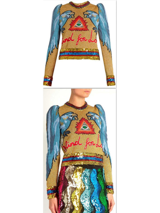 Parrot-Intarsia Sequin-Embellished Sweater - Branna Couture