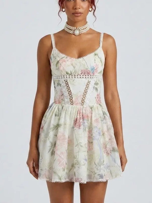 Pastel Floral Bustier Flared Mini Dress - XS - Dresses
