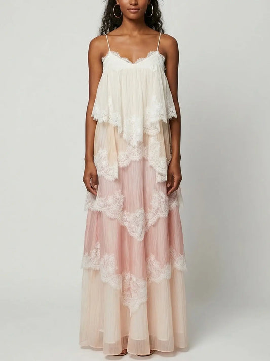 Pastel Layered Lace-Trim Chiffon Maxi Dress - S - Dresses
