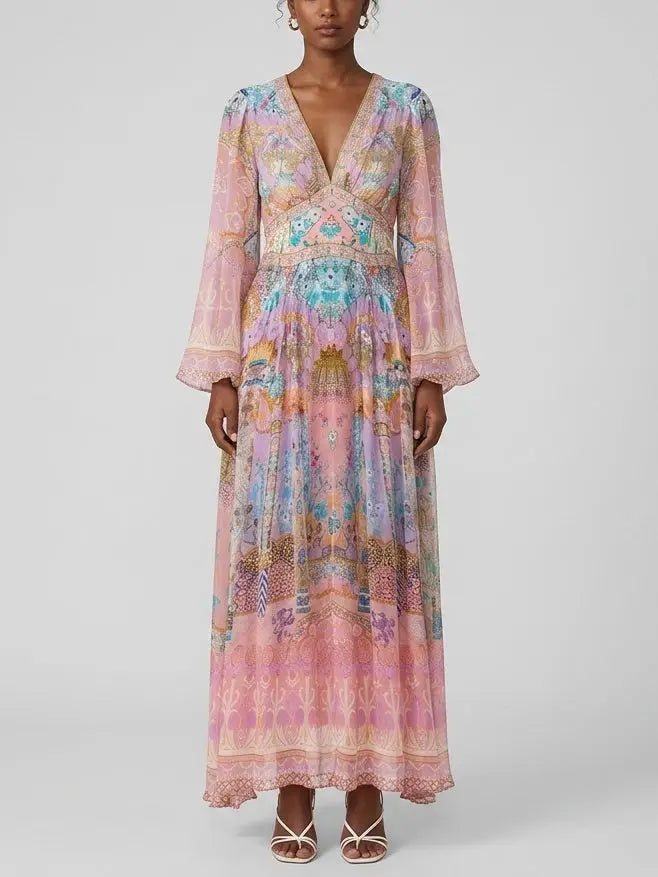 Pastel Mosaic Print Silk Maxi Dress with Flared Sleeves - S - Dresses