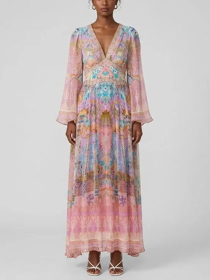 Pastel Mosaic Print Silk Maxi Dress with Flared Sleeves - S - Dresses