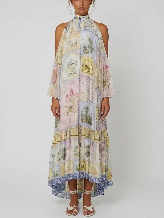 Pastel Scenic-Print Silk Halterneck Cold-Shoulder Maxi Dress - Small - Dresses