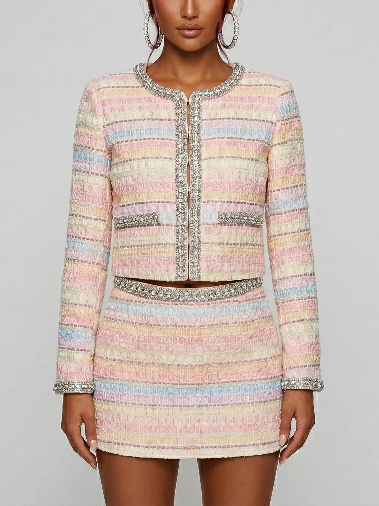 Pastel Tweed Cropped Jacket and Mini Skirt Set - Small - Suits & Sets