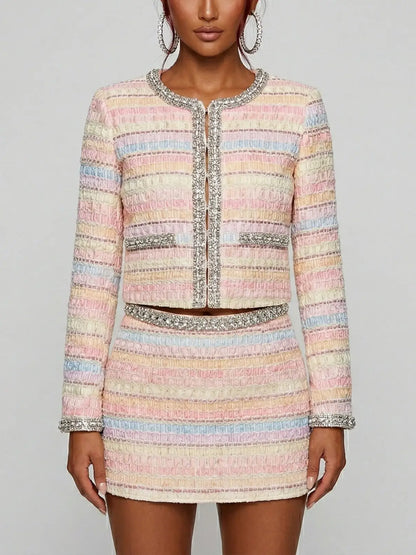 Pastel Tweed Cropped Jacket and Mini Skirt Set - Small - Suits & Sets