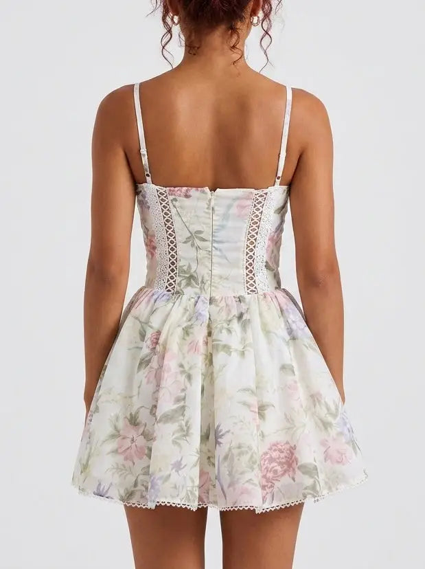 Pastel Floral Bustier Flared Mini Dress - Dresses