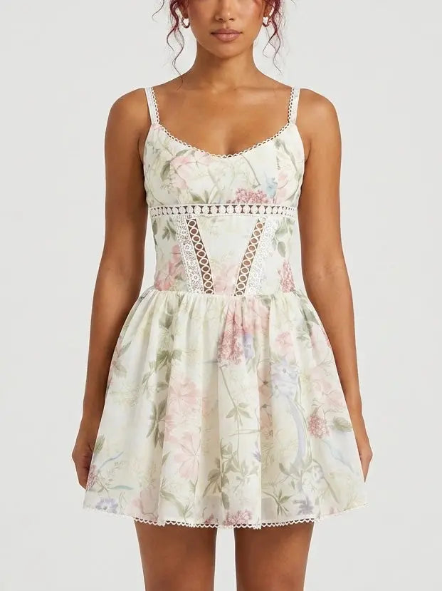 Pastel Floral Bustier Flared Mini Dress - Dresses