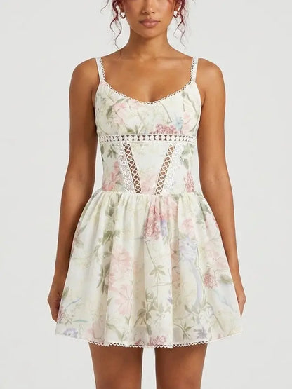 Pastel Floral Bustier Flared Mini Dress - Dresses