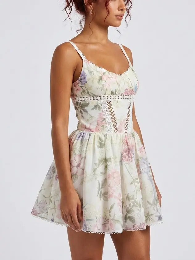 Pastel Floral Bustier Flared Mini Dress - Dresses