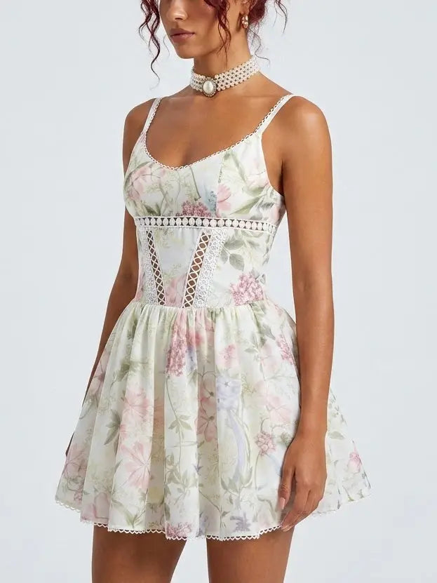Pastel Floral Bustier Flared Mini Dress - Dresses