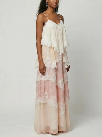 Pastel Layered Lace-Trim Chiffon Maxi Dress - Dresses