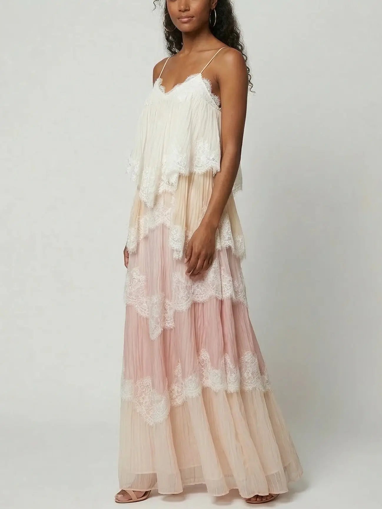 Pastel Layered Lace-Trim Chiffon Maxi Dress - Dresses