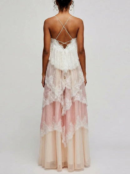 Pastel Layered Lace-Trim Chiffon Maxi Dress - Dresses