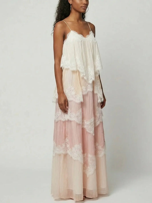 Pastel Layered Lace-Trim Chiffon Maxi Dress - Dresses