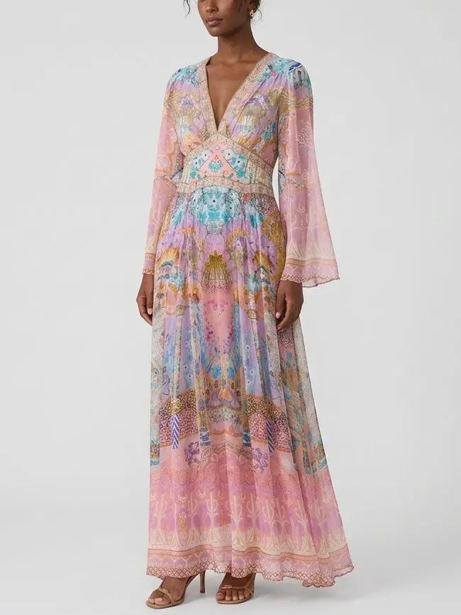 Pastel Mosaic Print Silk Maxi Dress with Flared Sleeves - Dresses