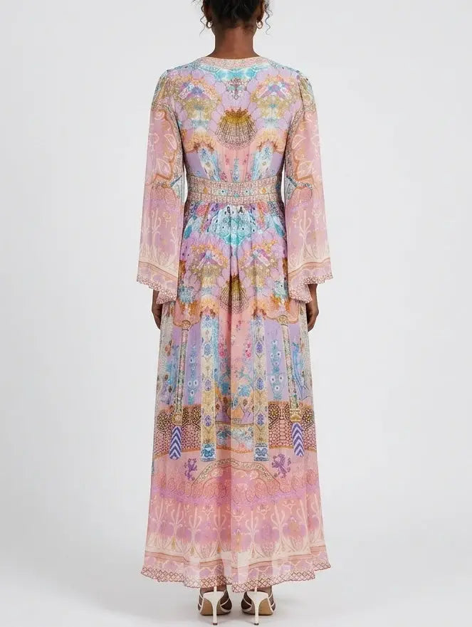 Pastel Mosaic Print Silk Maxi Dress with Flared Sleeves - Dresses