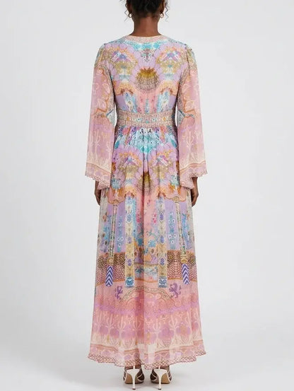 Pastel Mosaic Print Silk Maxi Dress with Flared Sleeves - Dresses
