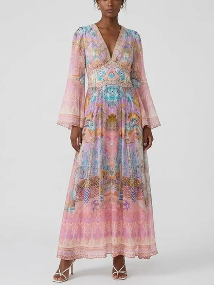 Pastel Mosaic Print Silk Maxi Dress with Flared Sleeves - Dresses