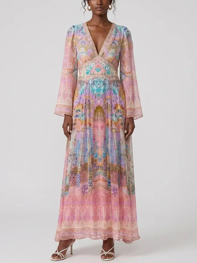 Pastel Mosaic Print Silk Maxi Dress with Flared Sleeves - Dresses