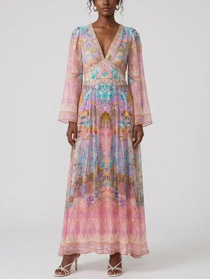 Pastel Mosaic Print Silk Maxi Dress with Flared Sleeves - Dresses