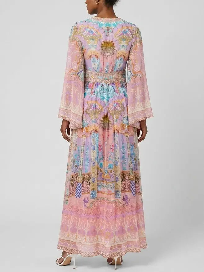 Pastel Mosaic Print Silk Maxi Dress with Flared Sleeves - Dresses