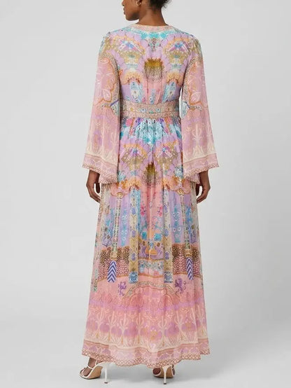 Pastel Mosaic Print Silk Maxi Dress with Flared Sleeves - Dresses