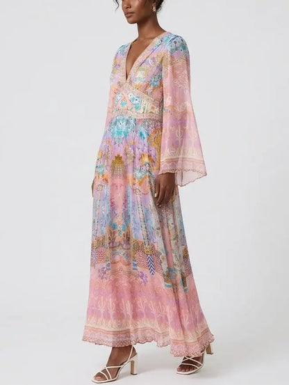 Pastel Mosaic Print Silk Maxi Dress with Flared Sleeves - Dresses