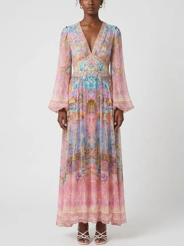 Pastel Mosaic Print Silk Maxi Dress with Flared Sleeves - Dresses