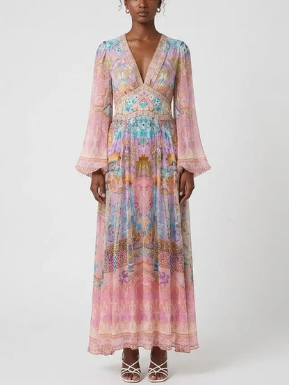 Pastel Mosaic Print Silk Maxi Dress with Flared Sleeves - Dresses