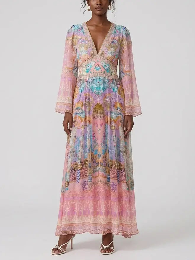 Pastel Mosaic Print Silk Maxi Dress with Flared Sleeves - Dresses