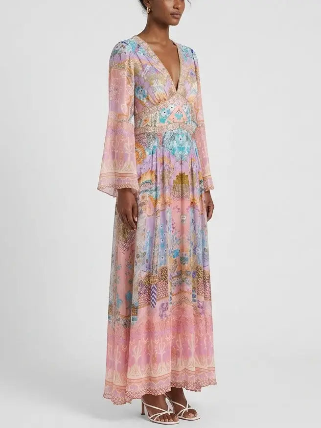 Pastel Mosaic Print Silk Maxi Dress with Flared Sleeves - Dresses