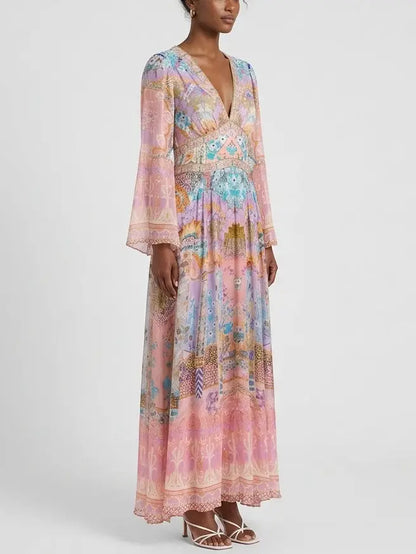 Pastel Mosaic Print Silk Maxi Dress with Flared Sleeves - Dresses