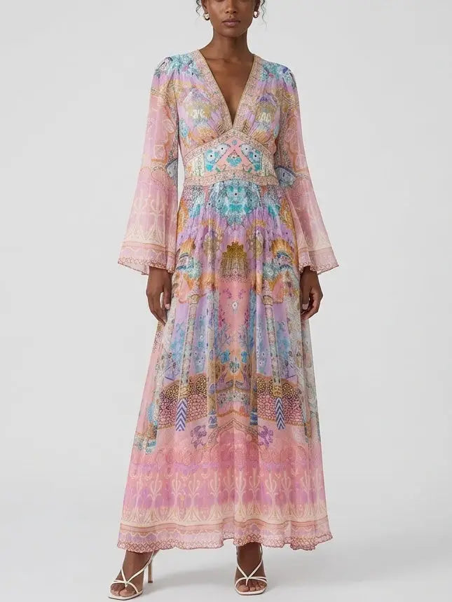 Pastel Mosaic Print Silk Maxi Dress with Flared Sleeves - Dresses